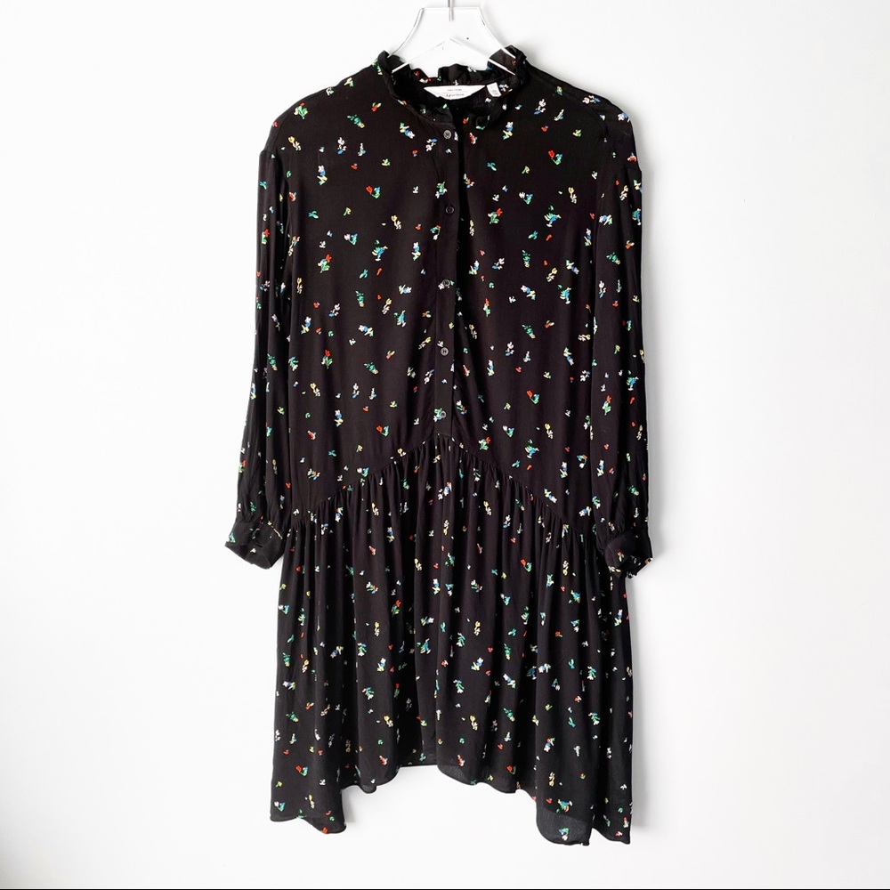 & Other Stories | Black Ditsy Floral Buttoned Mini Peasant Y2K Dress